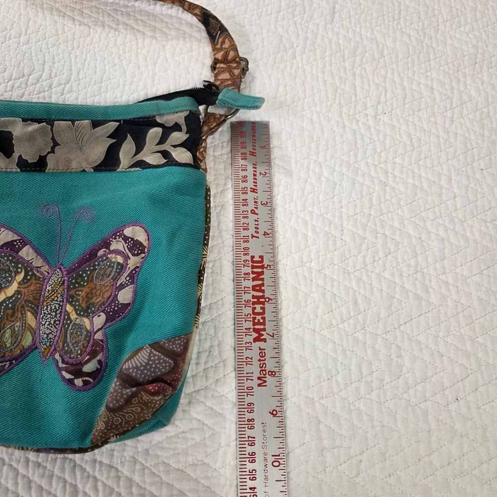 Boho Butterfly Patchwork Teal Canvas Crossbody‎ Bag Batik Floral Hippie Festival